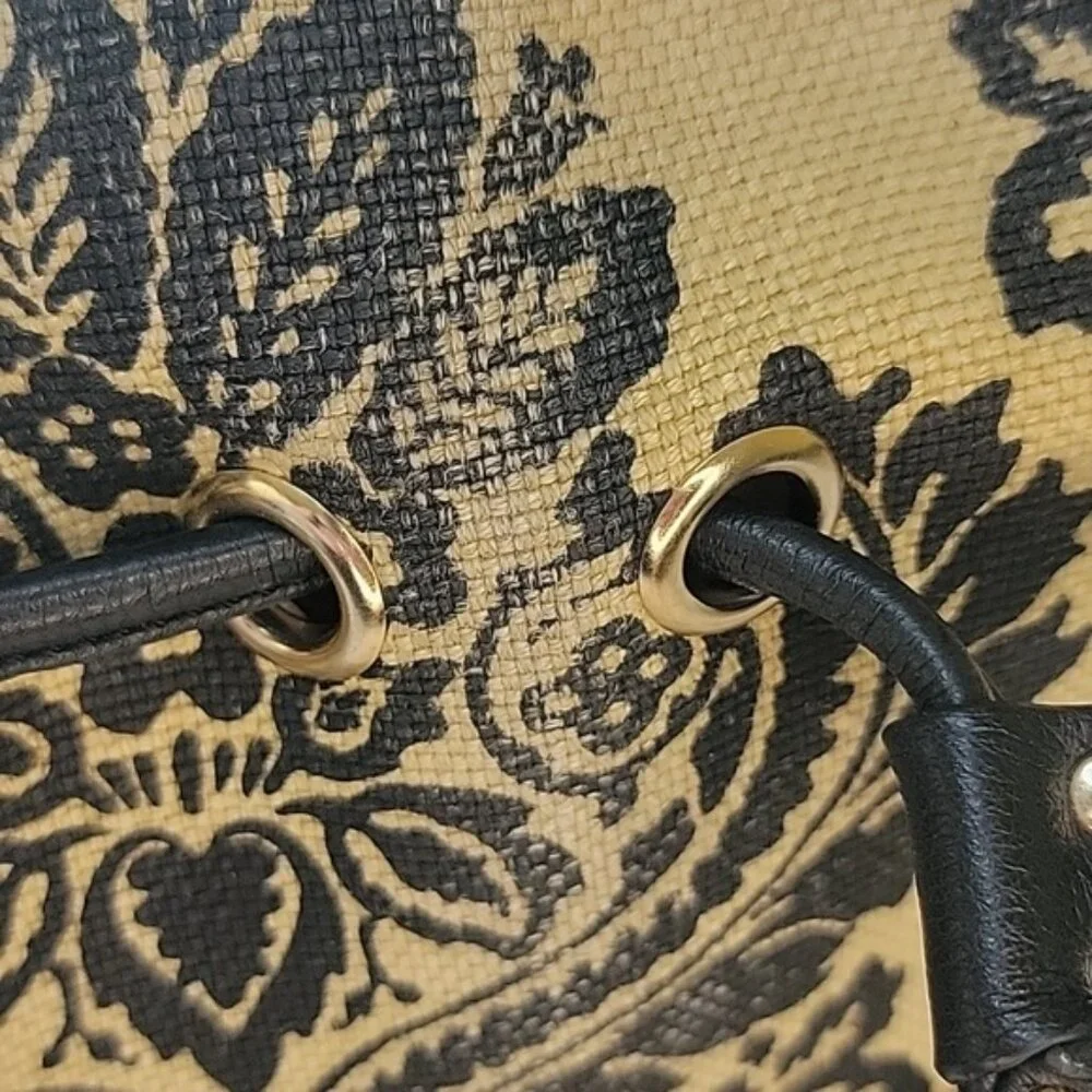 SPARTINA 449 Black Tan Linen Damask Print Single‎ Handle Drawstring Bucket Bag